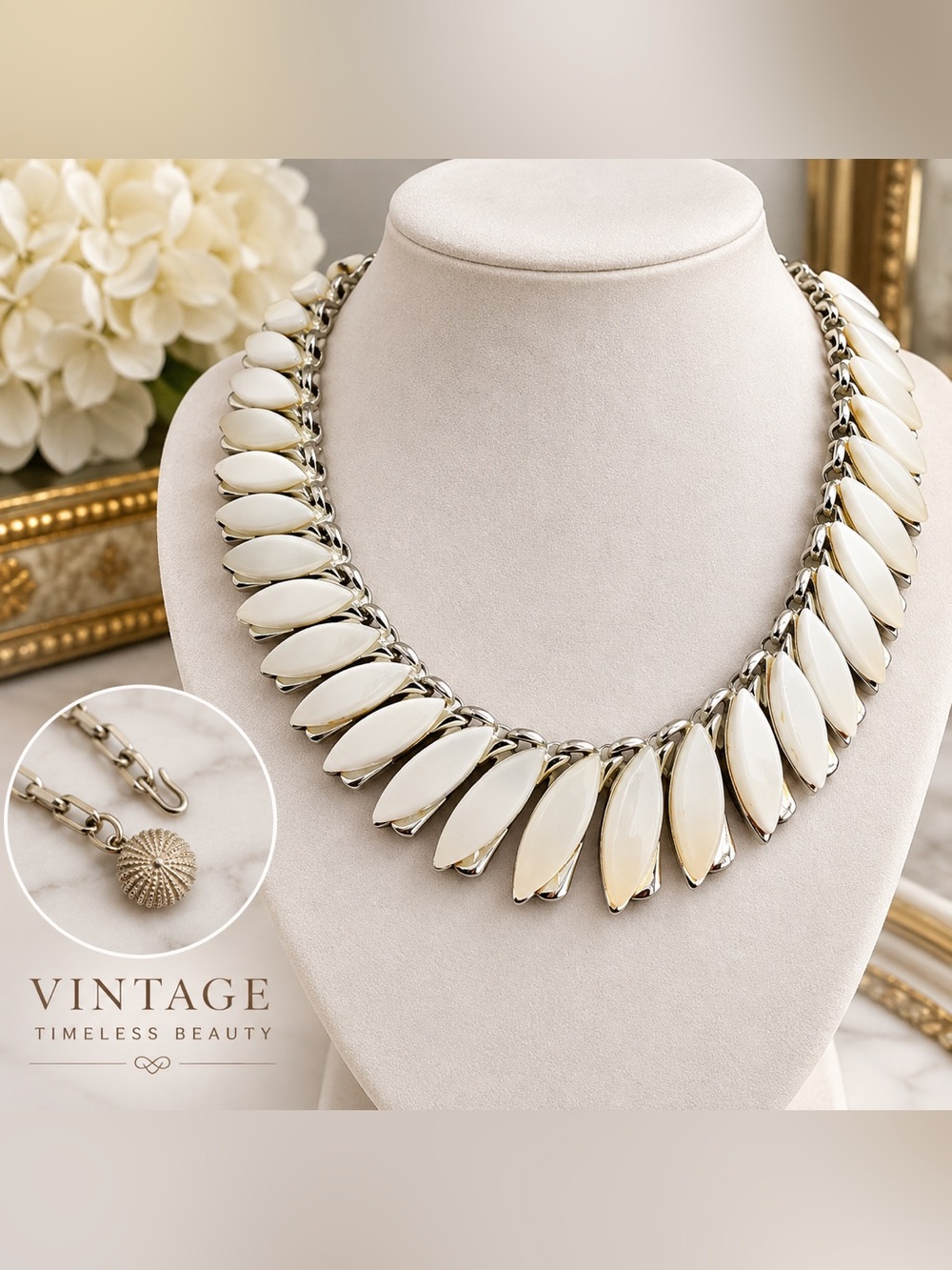 Vintage White Thermoset Leaf Collar Necklace 17” Silver Tone